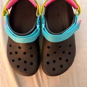 CROCS Kids' Black Sandals with Blue and Pink Straps